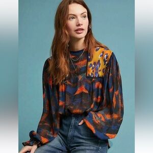 Anthropologie Blank London Eclectic Leopard Peasant Blouse Blue Orange Medium